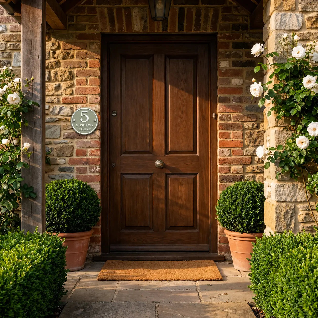 Personalised sage green round acrylic house sign mounted beside a front door on a brick wall