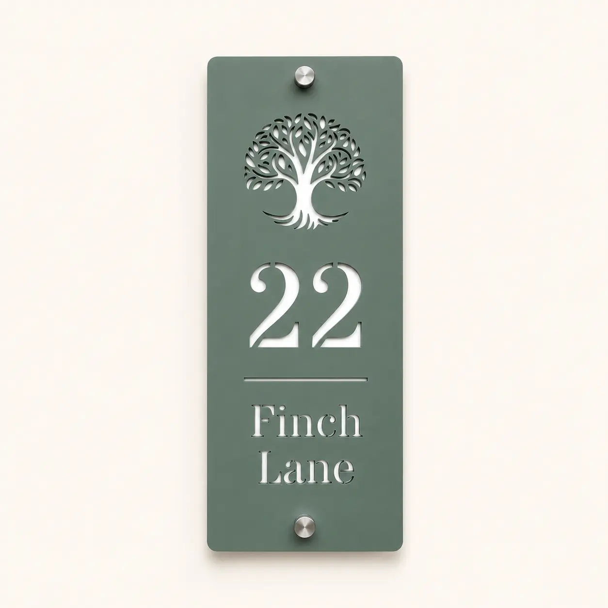 Personalised sage green house sign with tree design, number 22 and Finch Lane