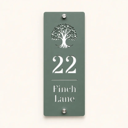 Personalised sage green house sign with tree design, number 22 and Finch Lane