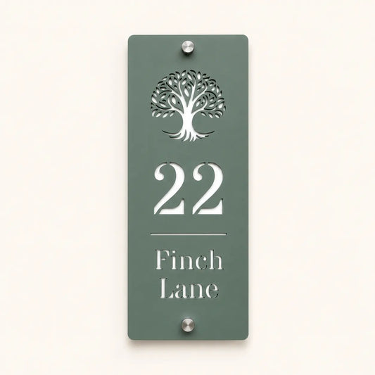 Personalised sage green house sign with tree design, number 22 and Finch Lane