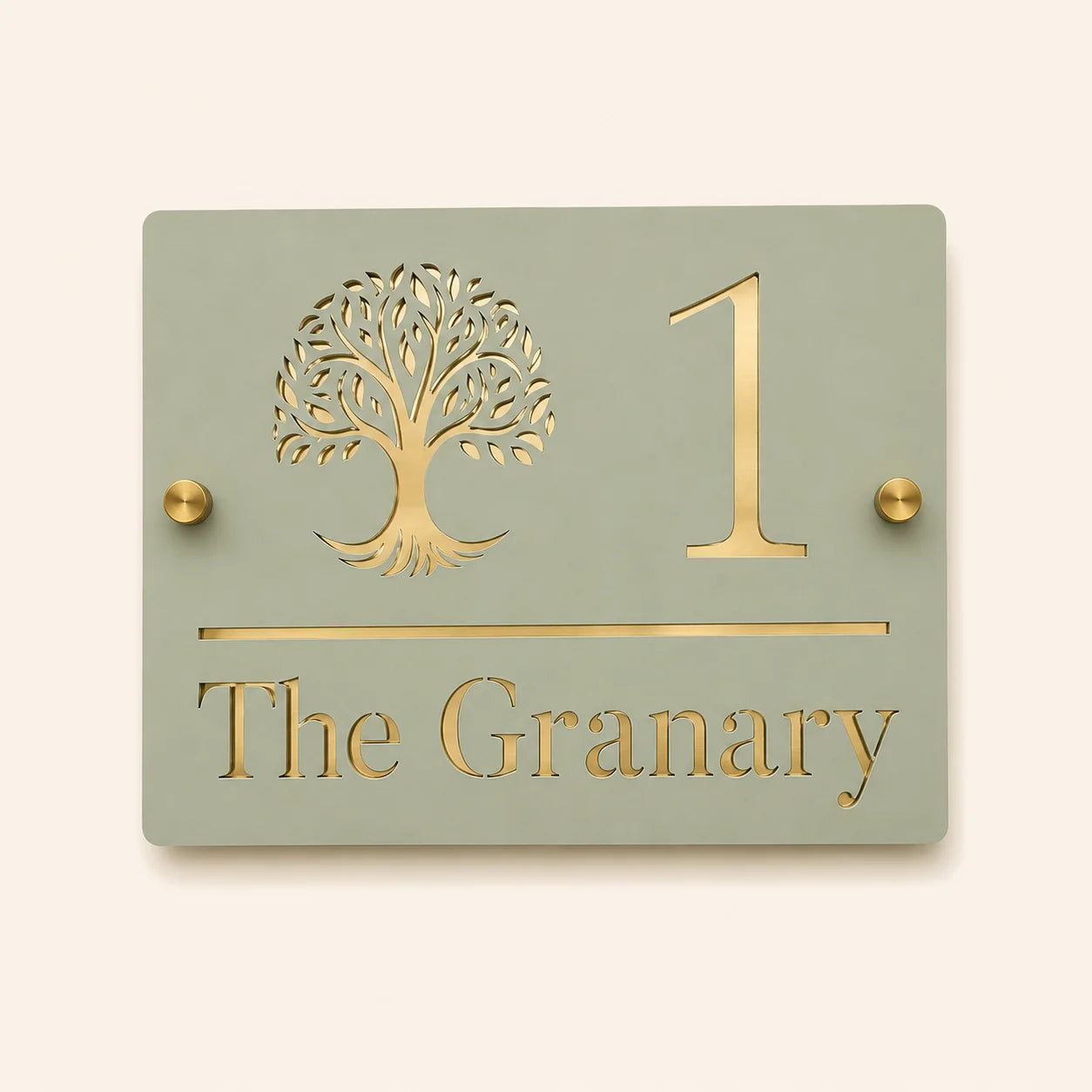 Personalised sage green and mirror gold acrylic house sign with tree design, number 1 and The Granary