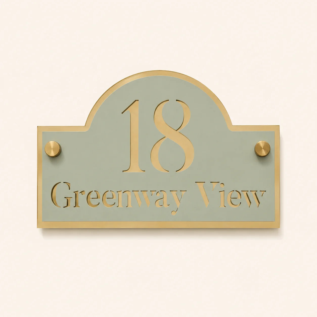 Personalised sage green and mirror gold arch acrylic house sign with number 18 and Greenway View