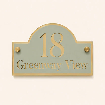 Personalised sage green and mirror gold arch acrylic house sign with number 18 and Greenway View