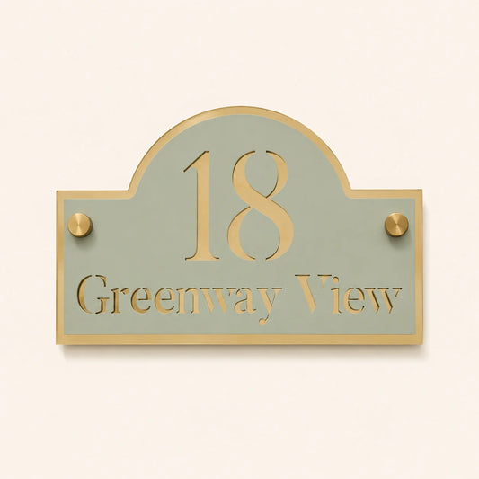 Personalised sage green and mirror gold arch acrylic house sign with number 18 and Greenway View