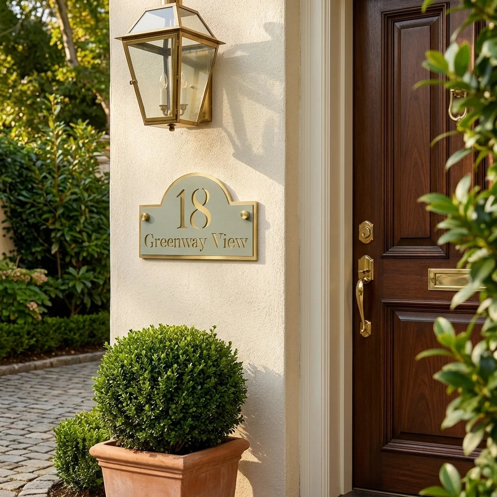 Personalised sage green and mirror gold acrylic house sign mounted beside a traditional front door