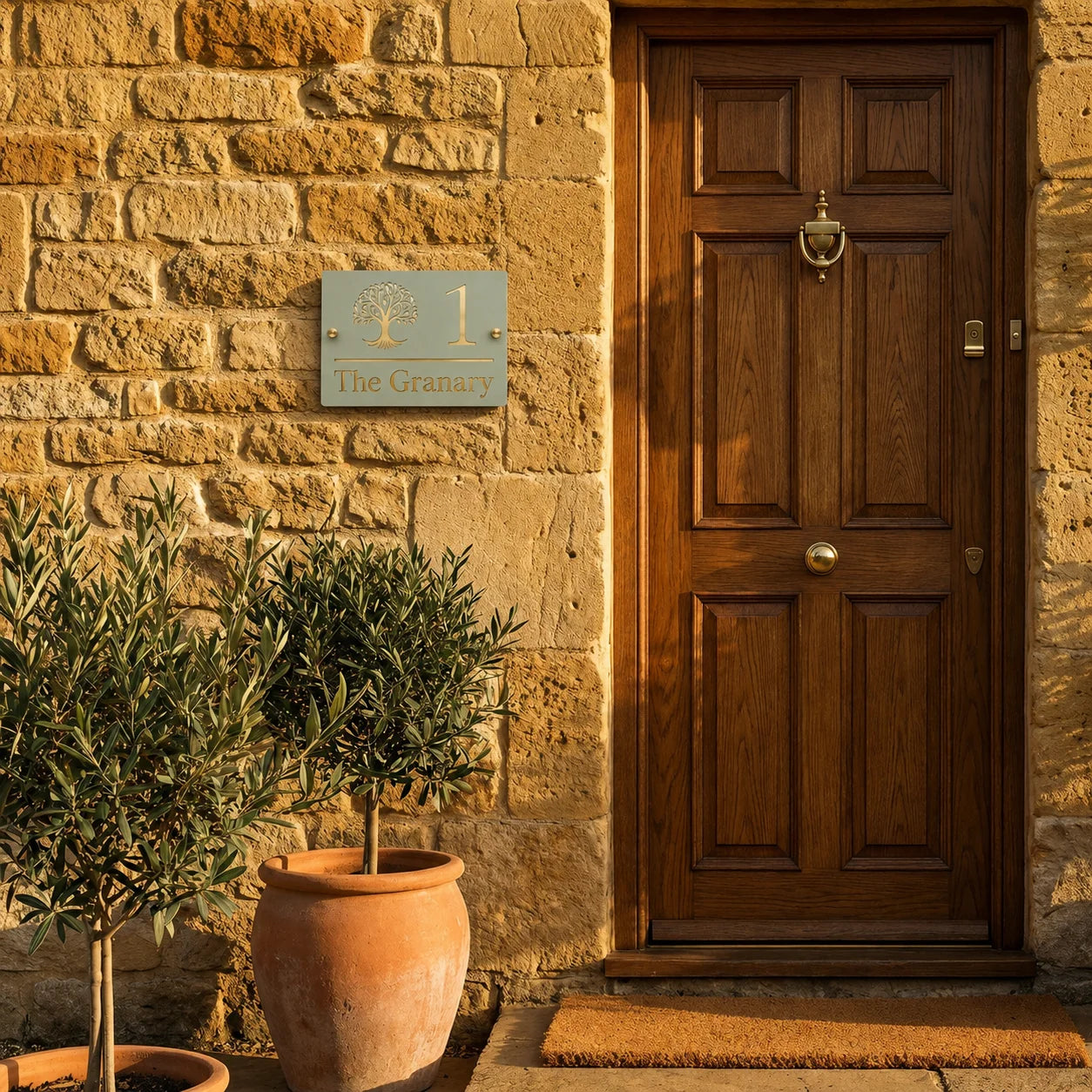 Personalised sage green and mirror gold acrylic house sign mounted beside a traditional front door