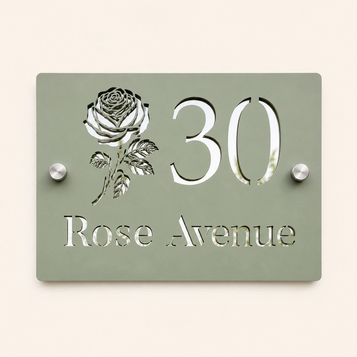 Personalised sage green and mirror silver acrylic house sign with rose design, number 30 and Rose Avenue