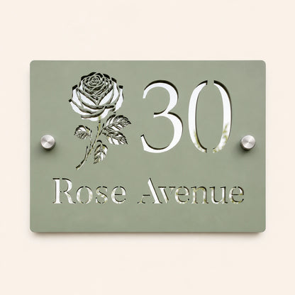 Personalised sage green and mirror silver acrylic house sign with rose design, number 30 and Rose Avenue