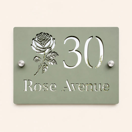 Personalised sage green and mirror silver acrylic house sign with rose design, number 30 and Rose Avenue