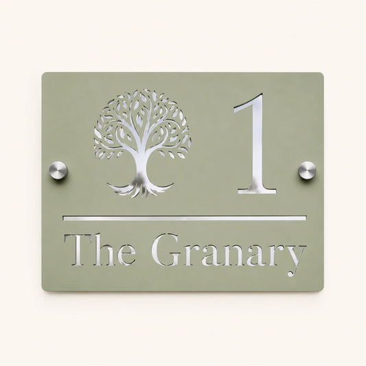 Personalised sage green and mirror silver acrylic house sign with tree design, number 1 and The Granary