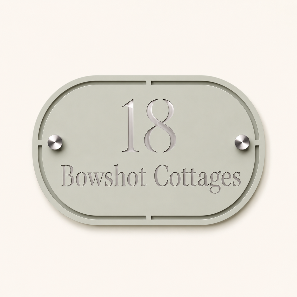 Personalised sage green and mirror silver oval acrylic house sign with house number and address