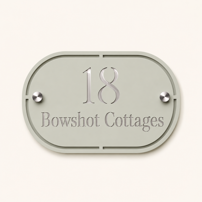 Personalised sage green and mirror silver oval acrylic house sign with house number and address