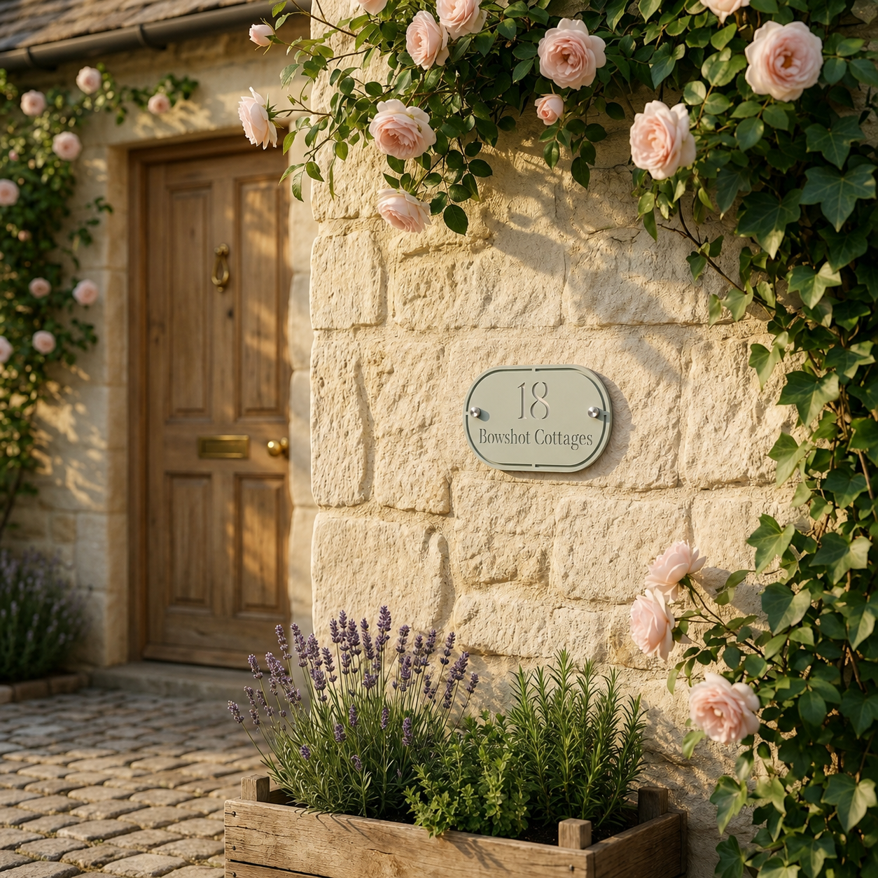 Personalised sage green and mirror silver oval acrylic house sign mounted on a traditional stone cottage