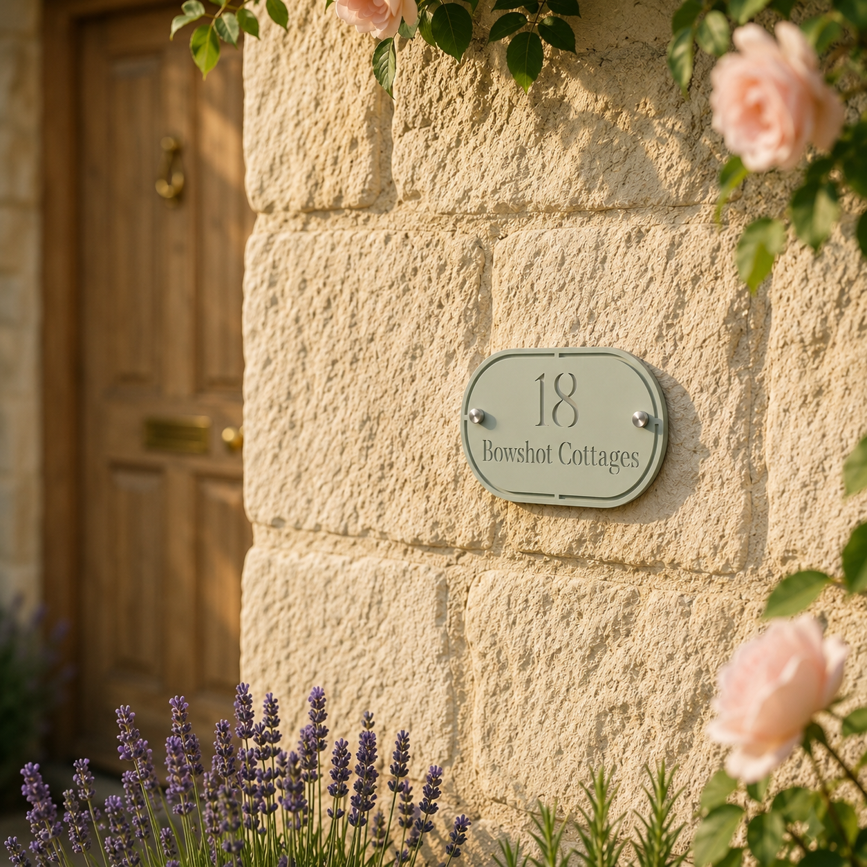 Close up of personalised sage green and mirror silver oval acrylic house sign mounted on an exterior stone wall