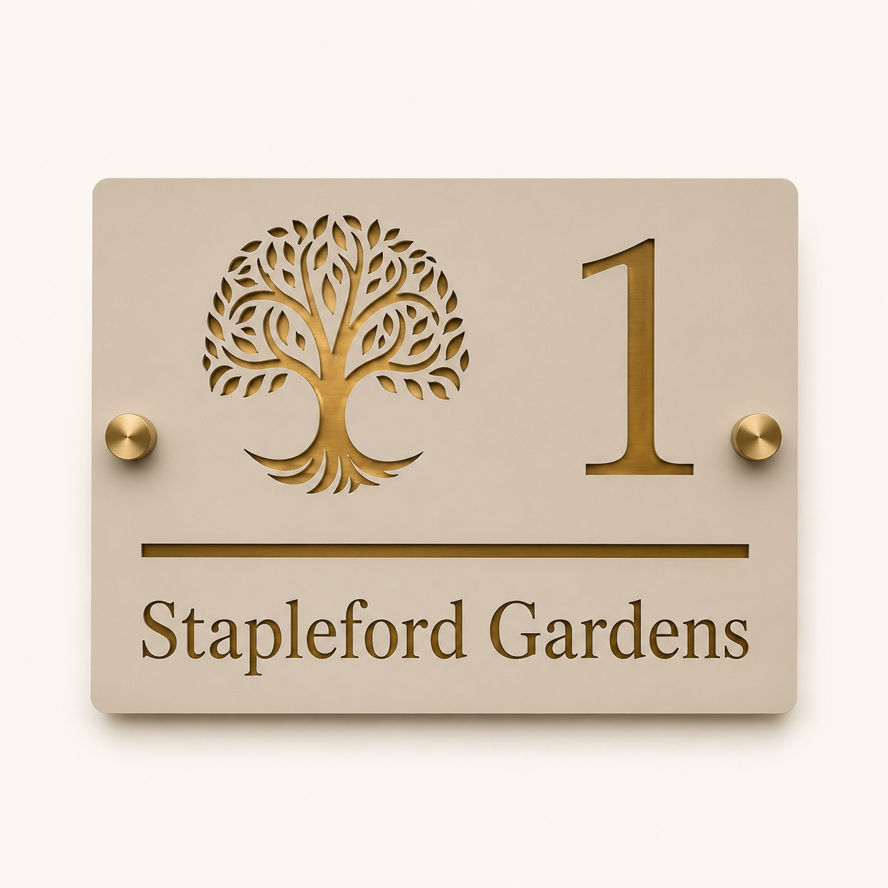 Personalised stone and mirror gold acrylic house sign with tree design and address