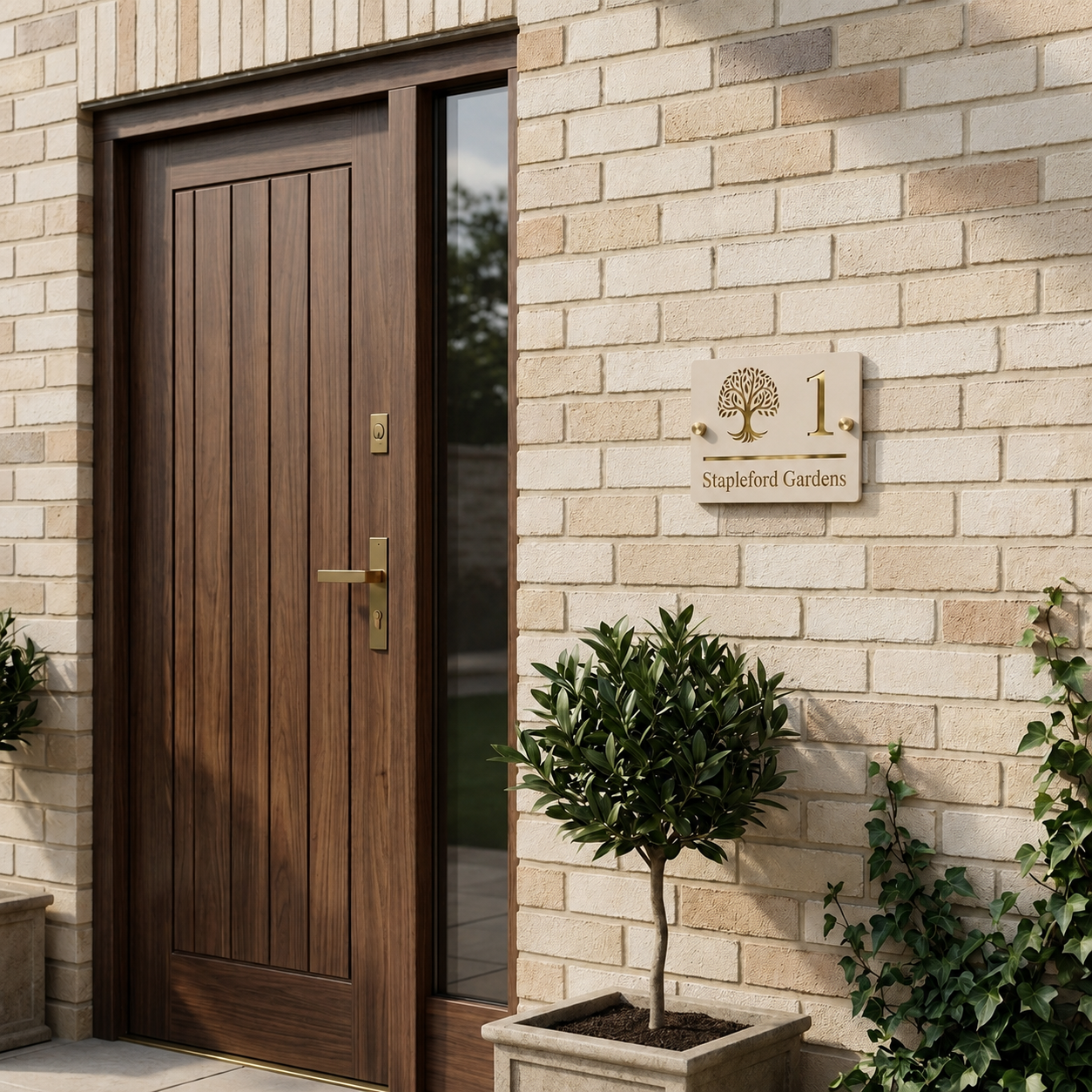 Personalised stone and gold acrylic house sign mounted beside a modern front door