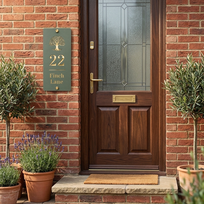 Sign Outside Home
Pine green and mirror gold personalised acrylic house sign displayed beside a traditional front door