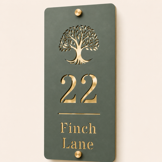 Close-up of a personalised pine green and mirror gold acrylic house sign showing the tree design and number 22
