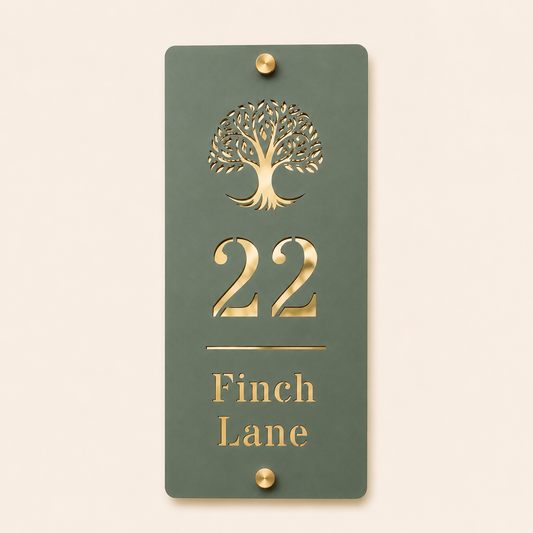 Personalised pine green and mirror gold vertical acrylic house sign with tree design, number 22 and Finch Lane