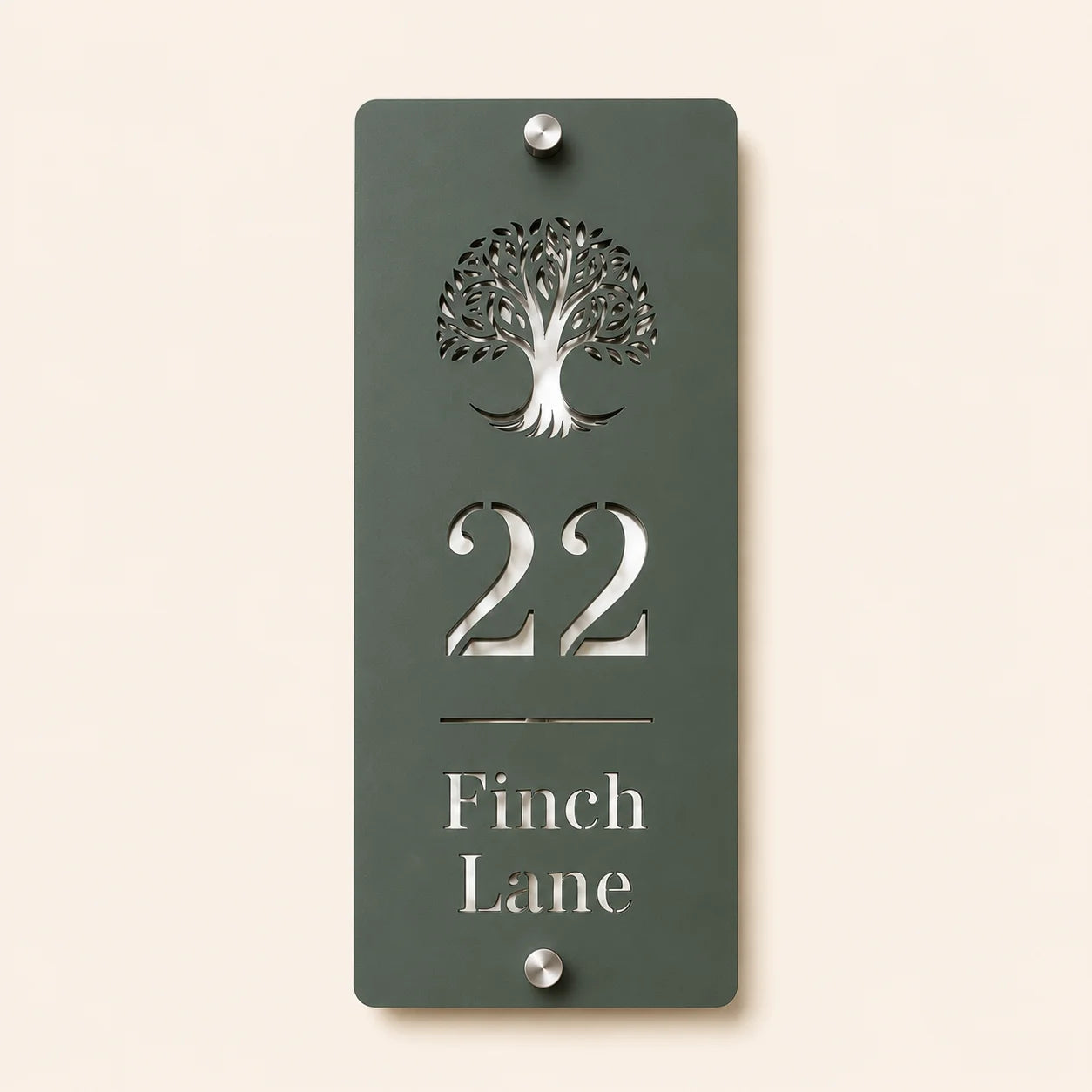 Personalised pine green and mirror silver acrylic house sign with tree design, house number and street name