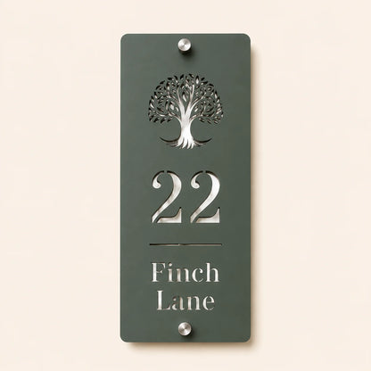 Personalised pine green and mirror silver acrylic house sign with tree design, house number and street name