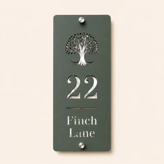 Personalised pine green and mirror silver acrylic house sign with tree design, house number and street name