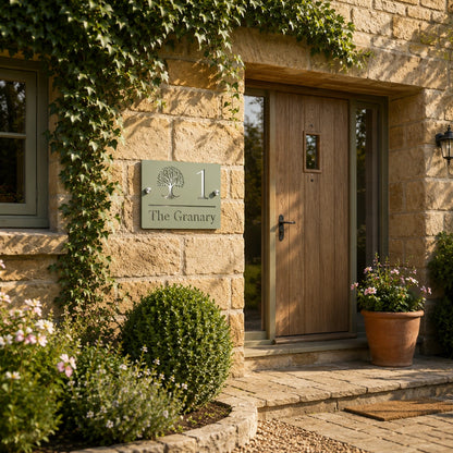 Sage green and mirror silver personalised acrylic house sign mounted on a stone cottage beside the front door
