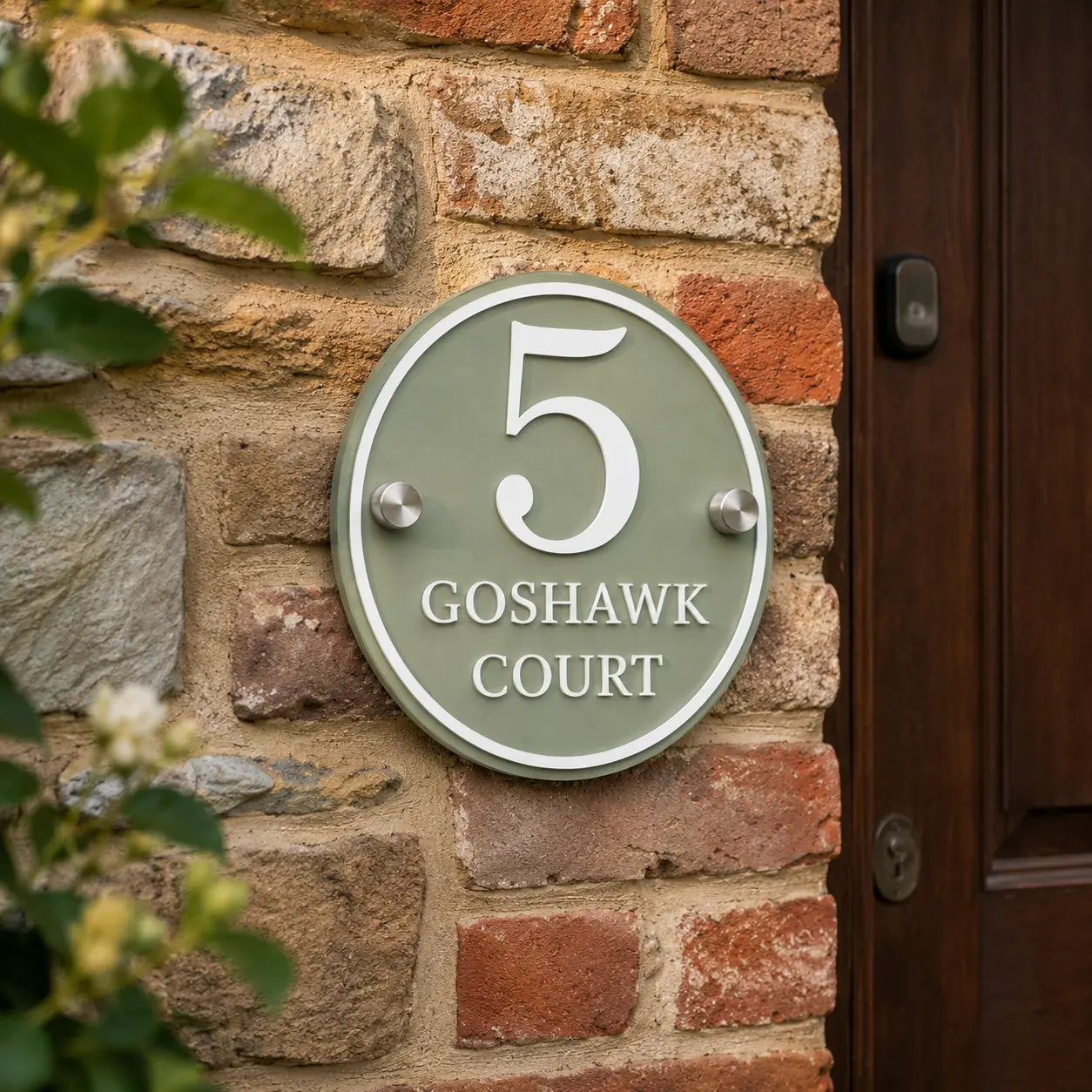 Close-up of personalised sage green round acrylic house sign with raised white lettering mounted on a brick wall