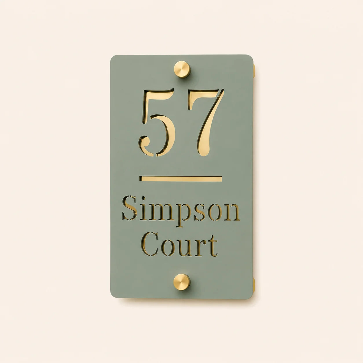 Personalised sage green and mirror gold acrylic house sign with house number and street name