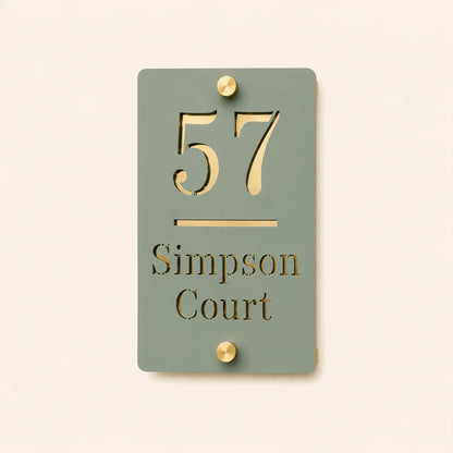 Personalised sage green and mirror gold acrylic house sign with house number and street name