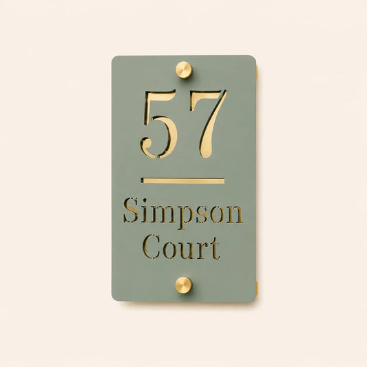 Personalised sage green and mirror gold acrylic house sign with house number and street name