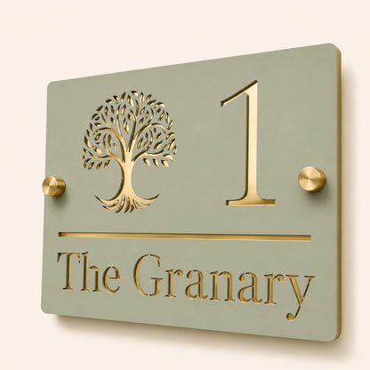 Close-up of personalised sage green and mirror gold acrylic house sign showing tree design, number and address details