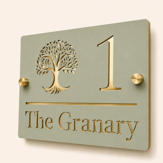 Close-up of personalised sage green and mirror gold acrylic house sign showing tree design, number and address details