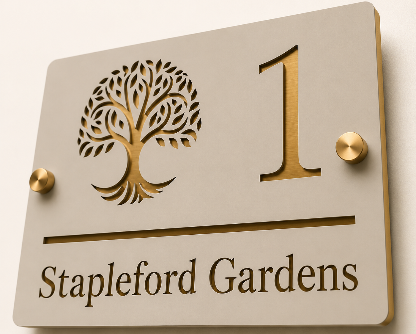 Close up of personalised stone and mirror gold acrylic house sign showing layered detail