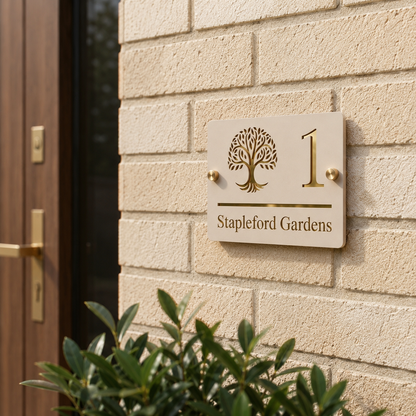 Close up of personalised stone and gold acrylic house sign mounted on an exterior brick wall
