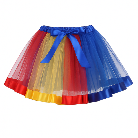 Layered Rainbow Ribbon Tutu Skirt – Colorful Festival Ballet Skirt with Bow for Dance, Raves, Cosplay & Pride Events (Elastic Waist, 40cm Length)