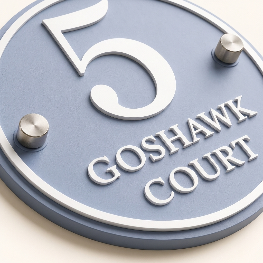 Close-up of dusky blue acrylic house sign with matt white raised lettering