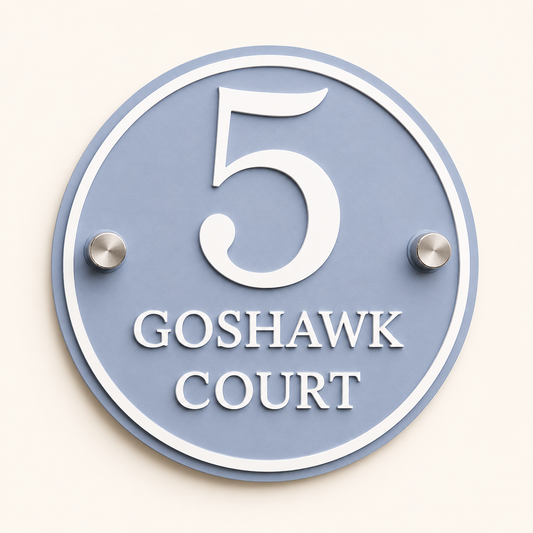 Dusky blue round acrylic house sign with matt white raised number and lettering