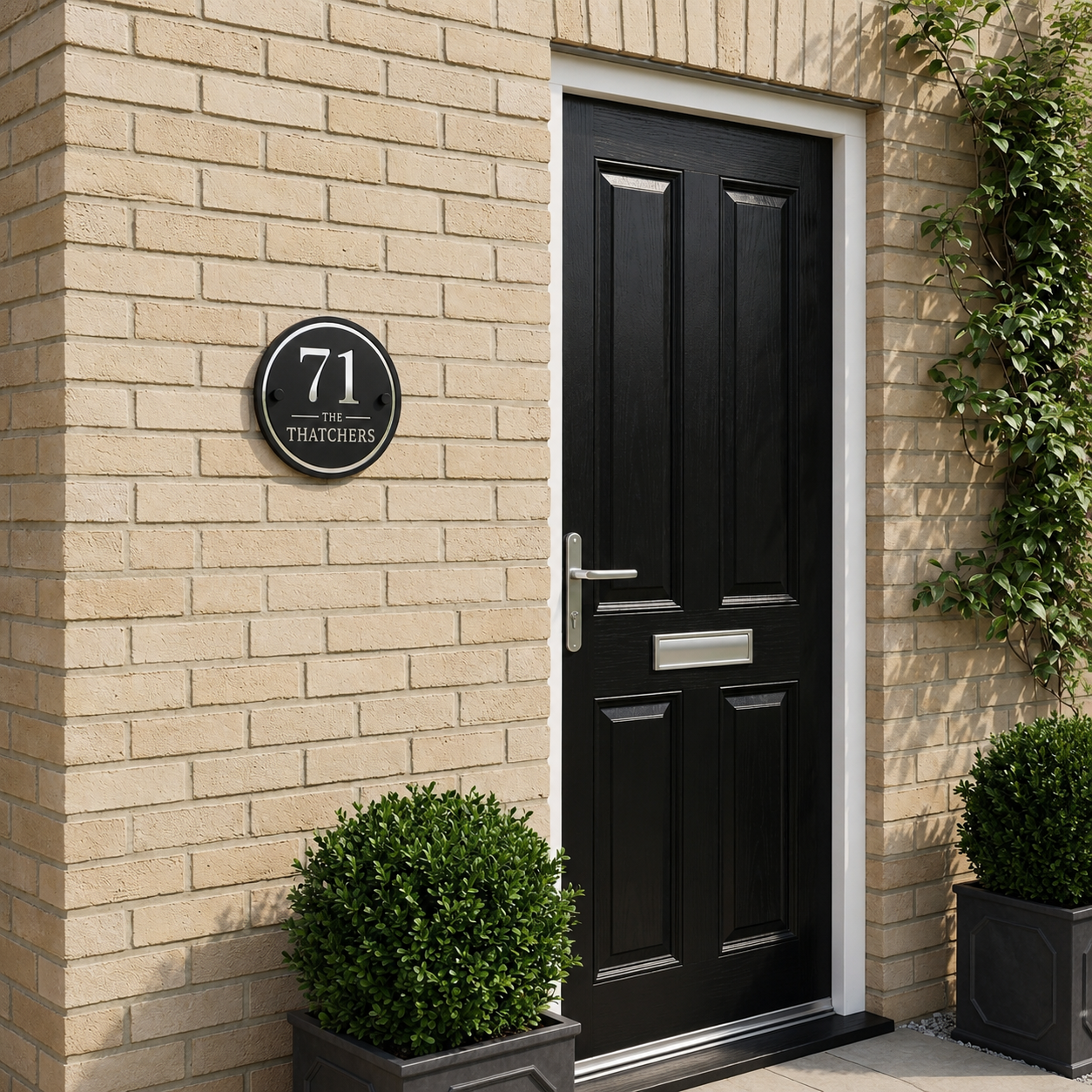 Personalised black and mirror silver round house sign mounted beside a modern front door