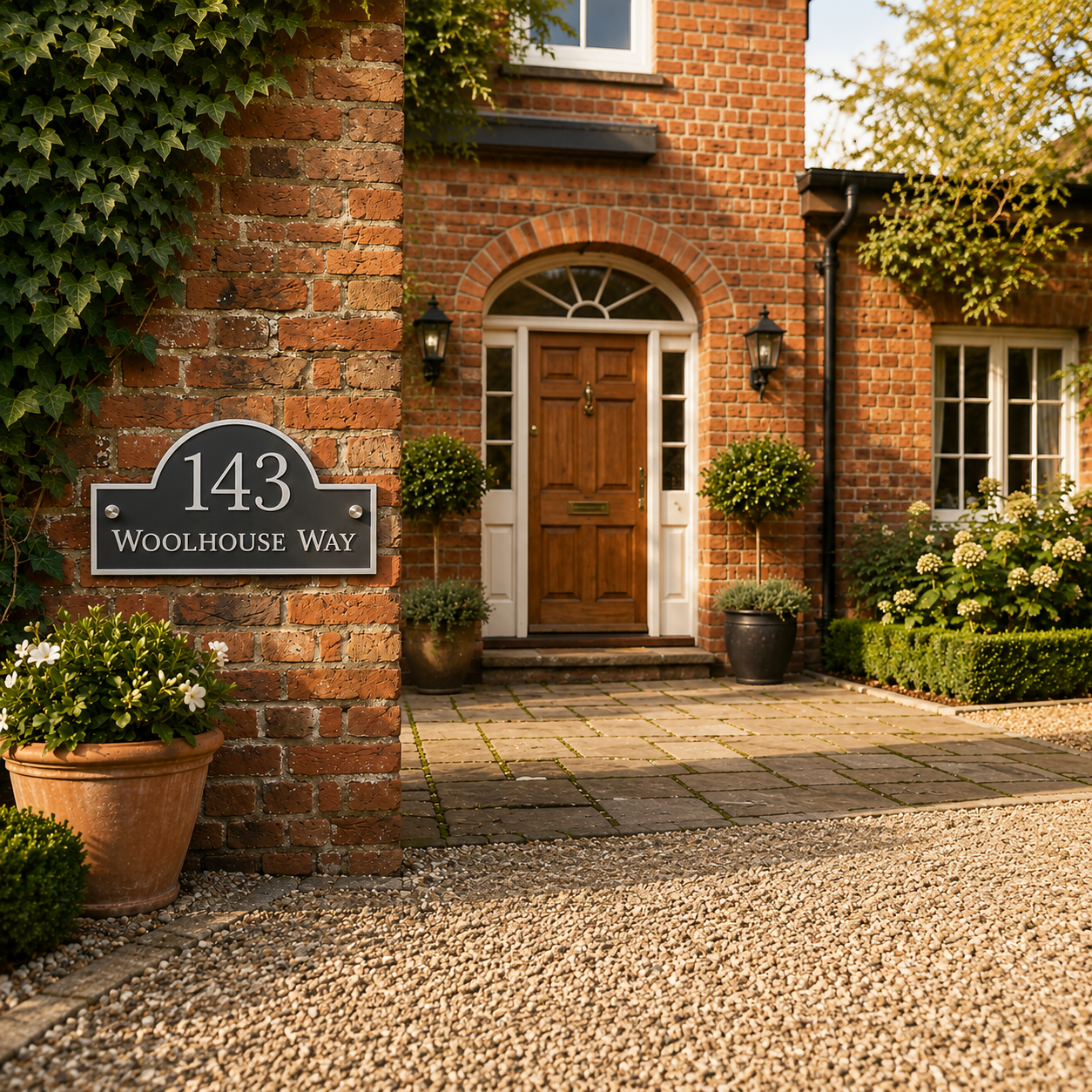 Personalised mineral grey arch acrylic house sign with white lettering mounted on a traditional brick home