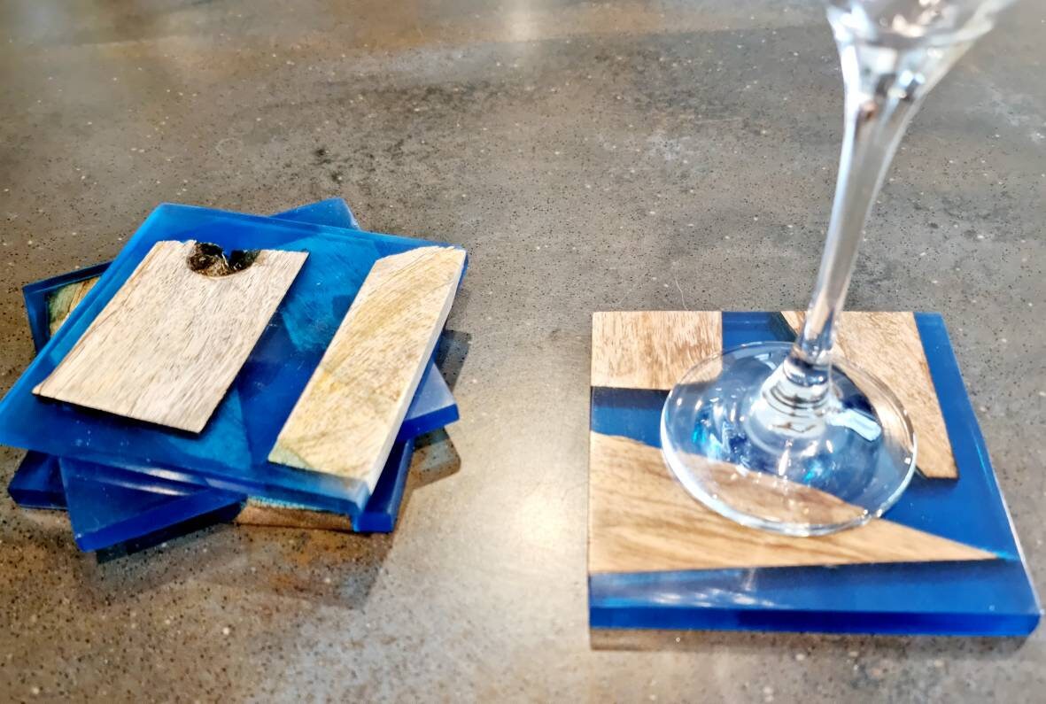 Square Wood and Blue resin Handmade Coasters Drink mats Wooden Placemats.