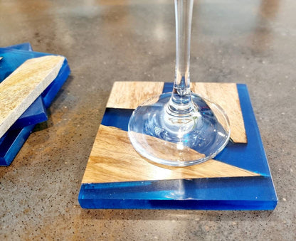 Square Wood and Blue resin Handmade Coasters Drink mats Wooden Placemats.