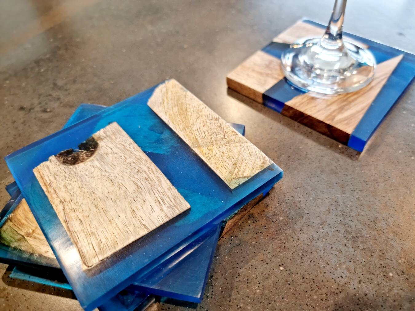 Square Wood and Blue resin Handmade Coasters Drink mats Wooden Placemats.