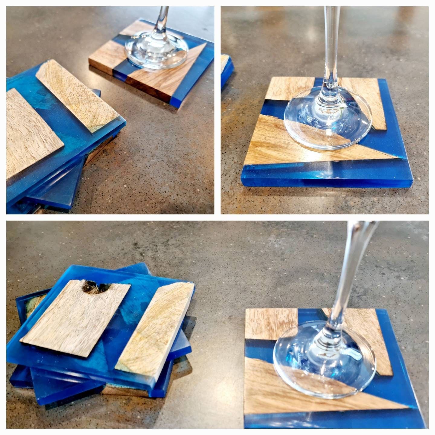 Square Wood and Blue resin Handmade Coasters Drink mats Wooden Placemats.