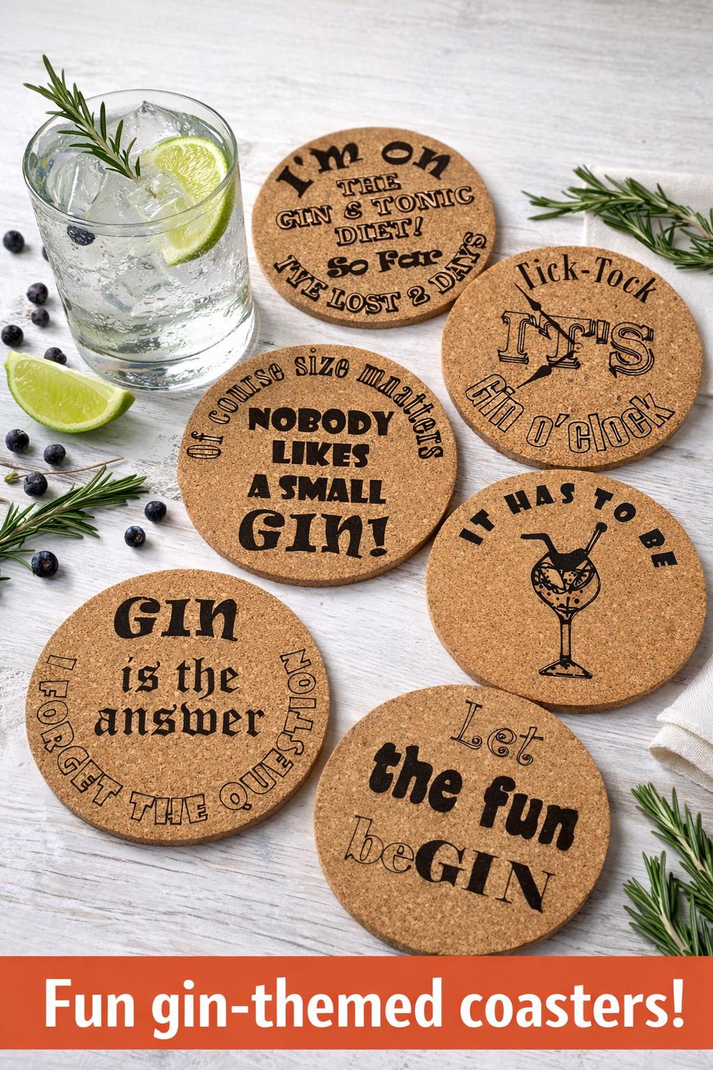 Fun Drinks Coaster sets (6 pack) - Gin Lovers, Slate Cork Oak finish Laser Crafted UK