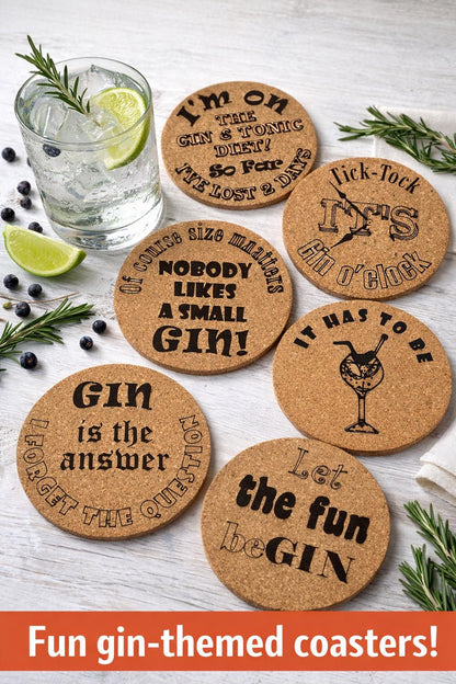 Fun Drinks Coaster sets (6 pack) - Gin Lovers, Slate Cork Oak finish Laser Crafted UK