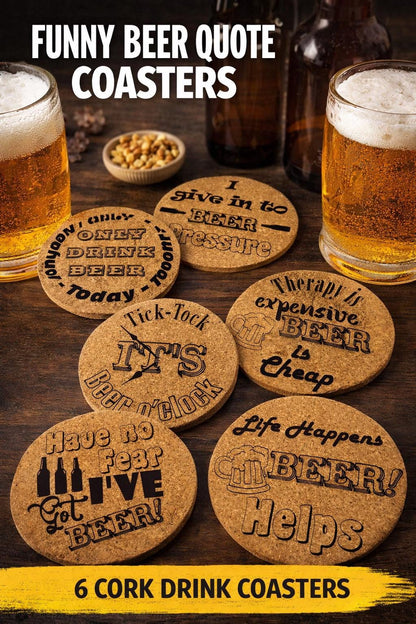 Fun Drinks Coaster sets (6 pack) - Beer Lovers, Slate Cork Oak finish Laser Crafted UK