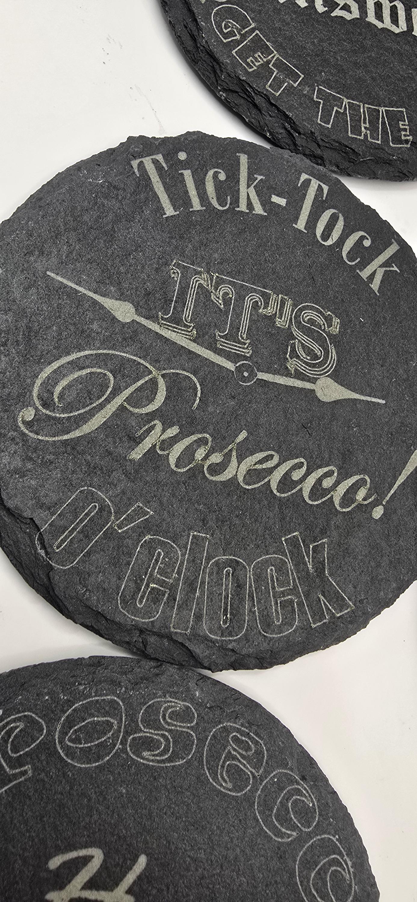 Funny Drinks Coaster sets (6 pack) - Prosecco Lovers, Slate Cork Oak finish Laser Crafted UK