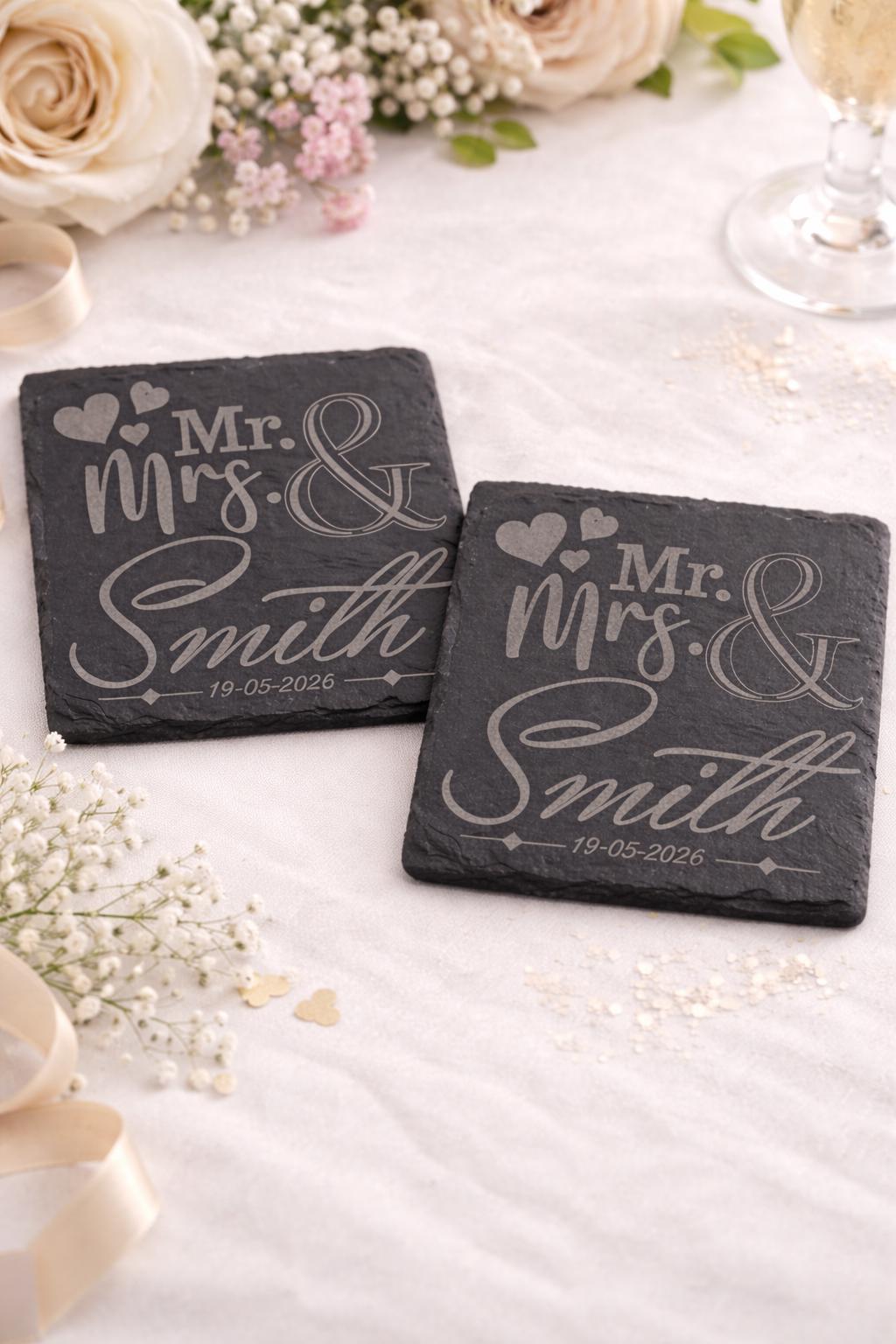 Personalised Wedding Coasters, Engraved Slate Coasters, Custom Mr & Mrs Gift, Wedding Gift Idea, Anniversary Gift, Couples Gift UK