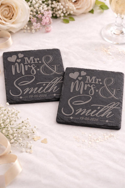 Personalised Wedding Coasters, Engraved Slate Coasters, Custom Mr & Mrs Gift, Wedding Gift Idea, Anniversary Gift, Couples Gift UK